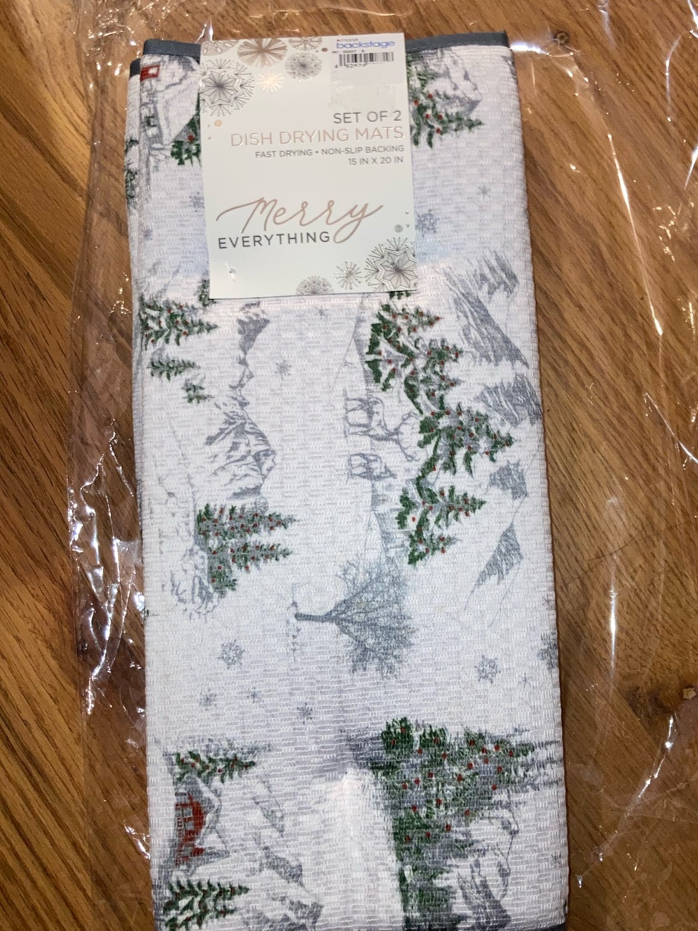 Dish Drying Mat Set of 2 by Merry Everything, Holiday White with Green Trees
